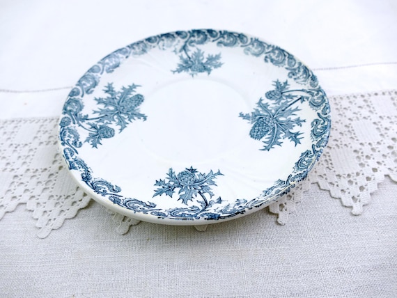 Antique French Ironstone Large Saucer by Claifontaine with Thistle Pattern in Teal Blue, Vintage Victorian Ironware Small Plate from France