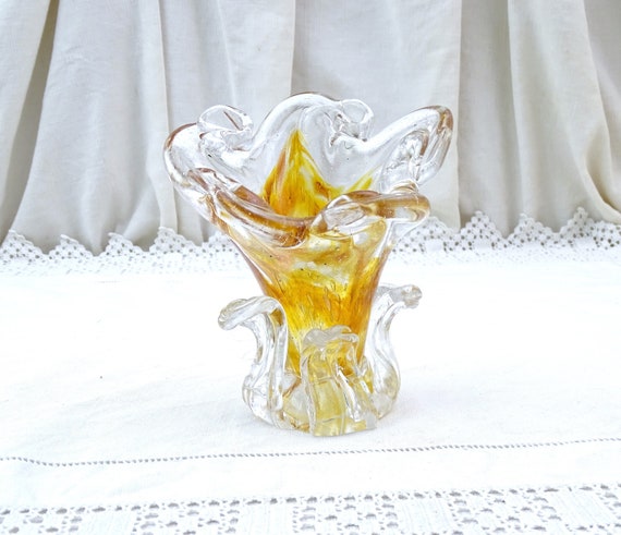 Vintage Art Glass Ornamental Vase in Clear Glass with Yellow Streaks and Gold Dust, Retro Studio Glass Hand Made Murano Style Heavy Vase