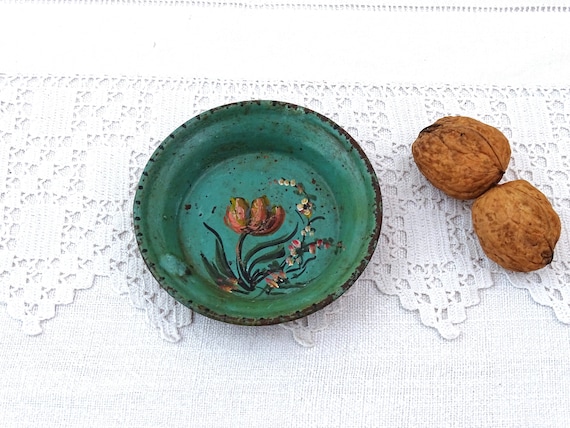 Small Antique French Hand Painted Metal Dolls House Plate with Flower Pattern, Vintage OOAK Rare Collectible Toy Dinner Plate from France