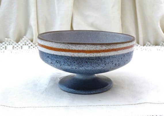 Vintage French Mid Century Onet Daniel Chaponet Blue and Gray Glazed Footed Dish, Retro 1960s Pottery Comport / Tazer, Small Fruit Bowl