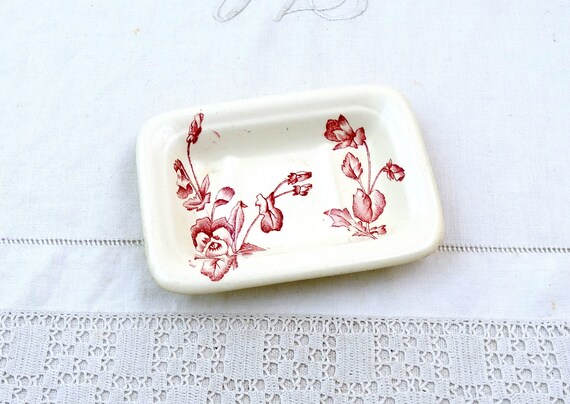 Antique French Rectangular Ironstone Pottery Soap Dish with Red Flower Pattern by Longchamp, Vintage Ceramic Bathroom Soap Bar Holder France