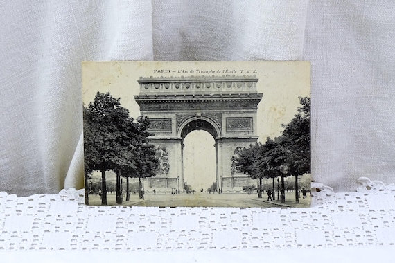 French Antique Sepia Black and White Postcard of the Arc de Triomphe at the Champs Elysee in Paris, Retro Parisian Monument Vacation