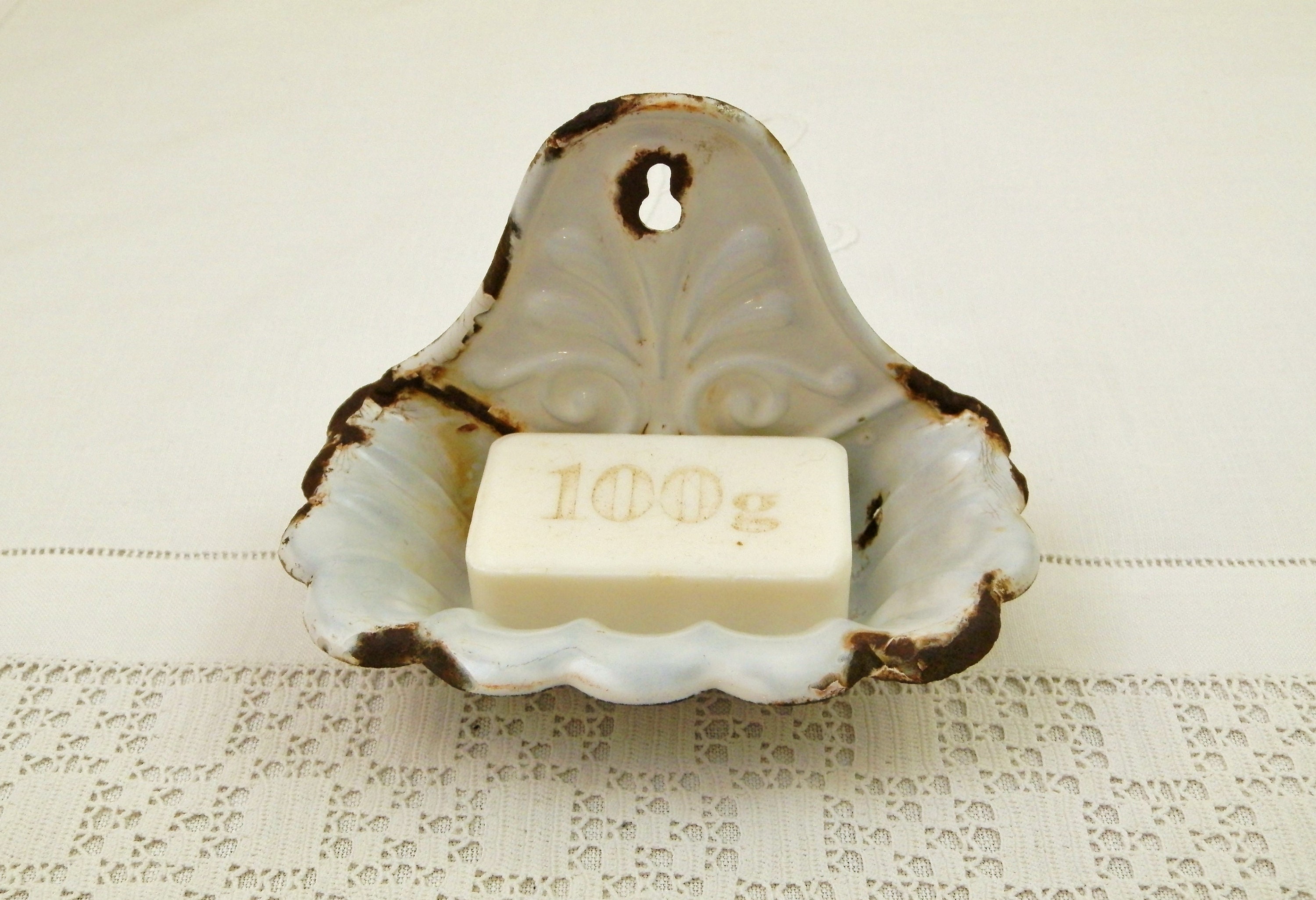 Antique French Wall Hanging Chippy White Porcelain Enamel Soap Dish