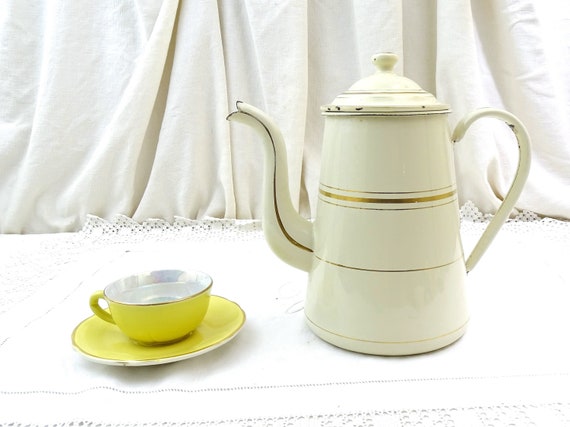 Antique French Beige and Gold Porcelain Enamel Goose Neck Coffee Pot, Enamelware Cafetiere from France, Vintage Country Farmhouse Decor