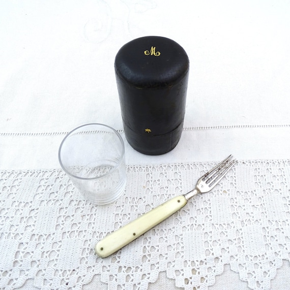 Antique French Leather Cased Glass Travel Beaker and Fork, Vintage Victorian Style Gentleman's Drinking Accessory from France With M Gold