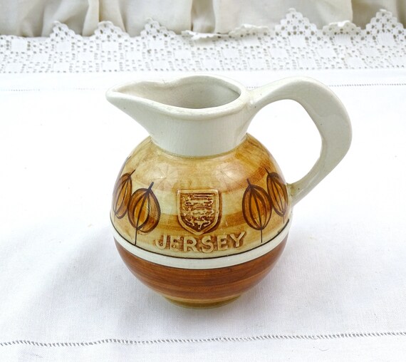 Vintage Mid Century Jersey Pottery Pitcher with Hand Painted Pattern in Brown, Retro Souvenir Jug from the Channel Isles, Ceramic Vase UK