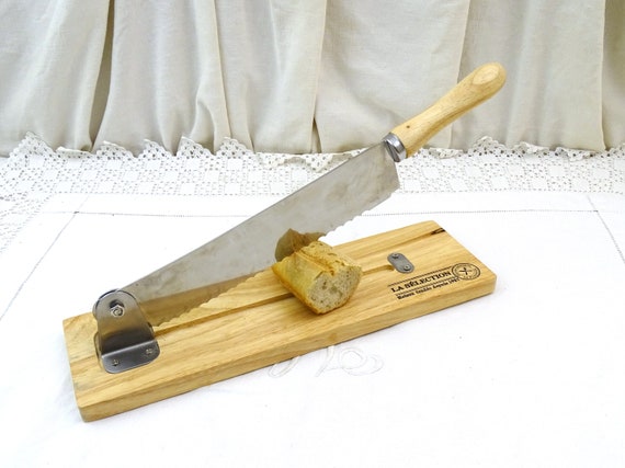 Vintage French Bread Guillotine Knife with Wooden Stand, Baguette Bread Cutting Board from France, Paris Restaurant Bread Cutter Accessory
