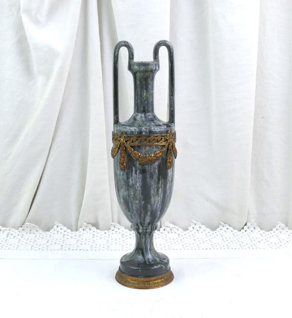 Vintage Neoclassical 1920s Art Deco Ceramic Vase with Bronze Adornments, Gray-Green and White Drip Glaze, 1930s Pottery Piece from France