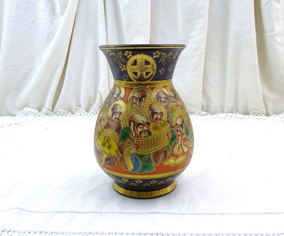 Antique Japanese Hand Painted 1000 Faces Cobalt Blue and Gold Satsuma Vase, Vintage Pottery from Japan with Bald Men, Retro Asian Ceramic