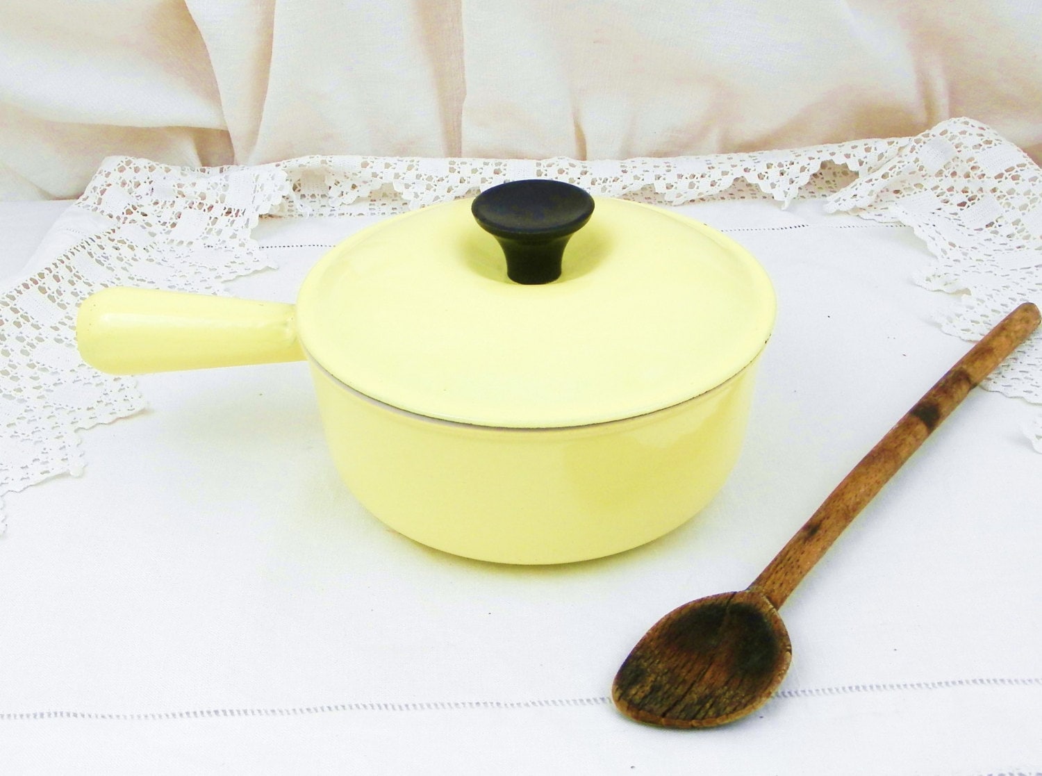 Vintage Mid Century Modern Yellow Enamelware Le Creuset Saute Pans