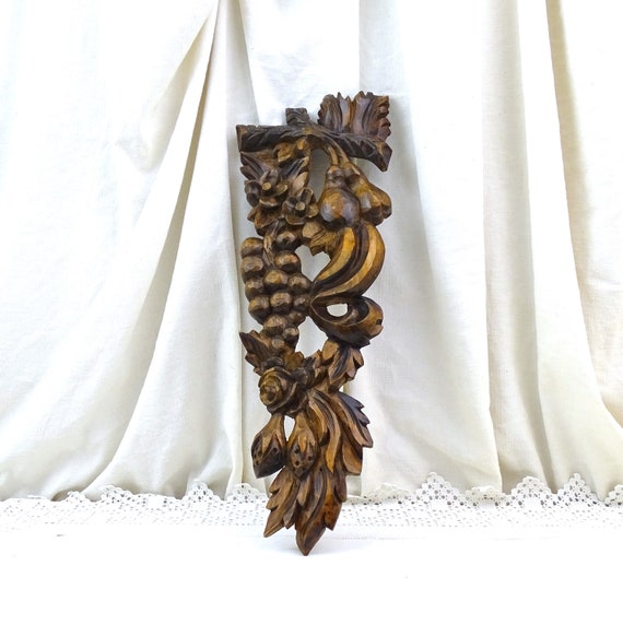 Antique French Carved Wall Sculpture with Harvest Theme Grapes Pears Flowers in Stained Wood, Vintage Wooden Panel with Fruit from France