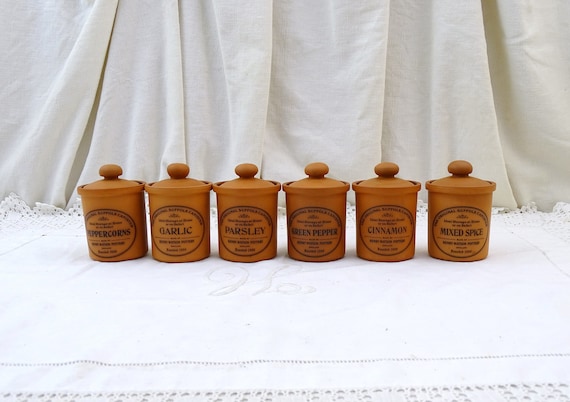 Vintage English Set of 6 Original Suffolk Canisters by Henry Watson Pottery made of Earthenware Terracotta, Retro Small Kitchen Storage