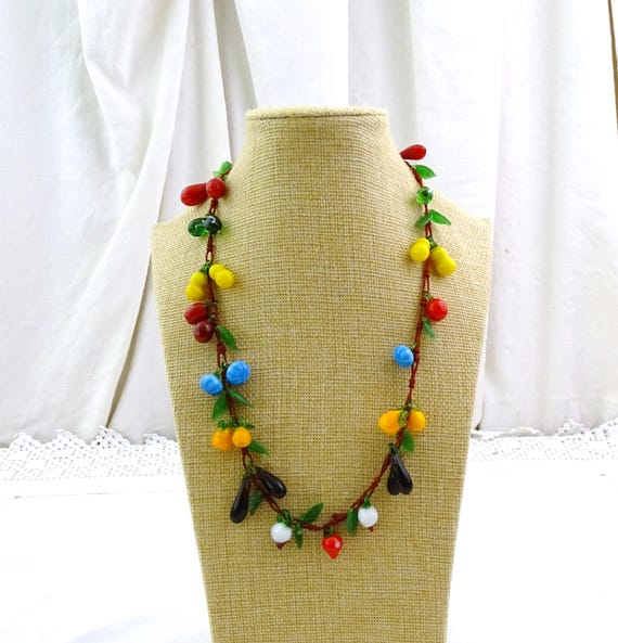 Vintage 1950s Murano Blown Glass Fruit Salad Necklace, Retro Colorful Venetian Glass Food Jewelry, Italian Fun Unique Gift for Her