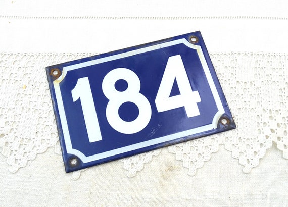 Vintage French Porcelain Enameled Metal House Sign in Blue and White Number 184, Enamelware Street Home France, Traditional Address Sign