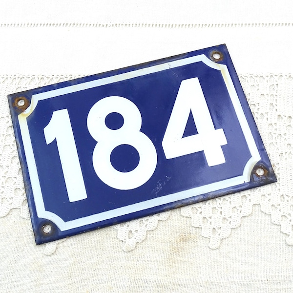 Vintage French Porcelain Enameled Metal House Sign in Blue and White Number 184, Enamelware Street Home France, Traditional Address Sign