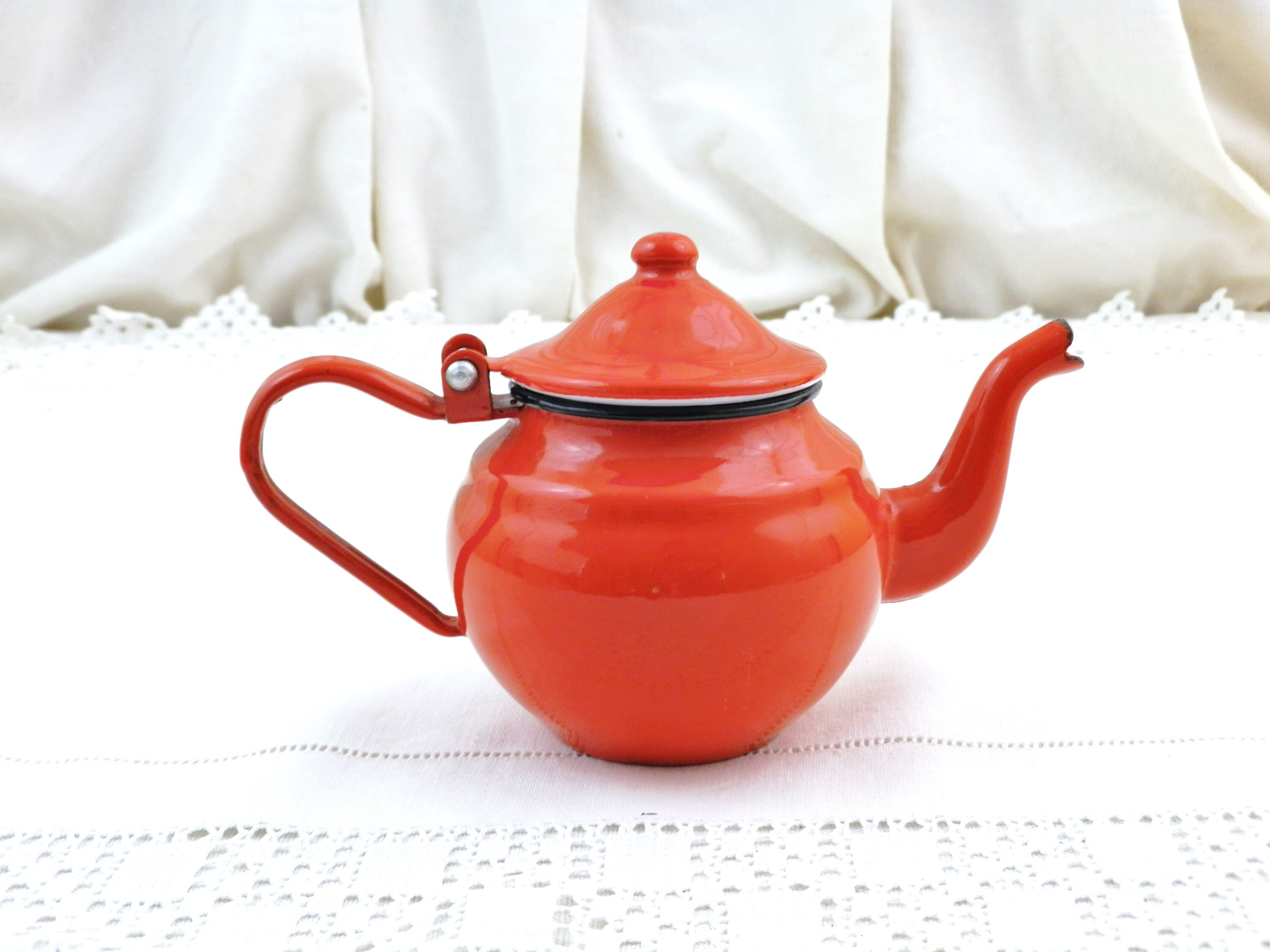 Small Vintage Unused Red Enamel Tea Pot with Goose Neck Spout, French