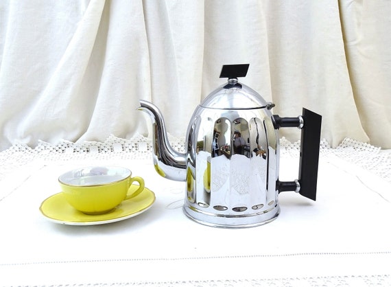 Vintage French Art Deco Chrome Metal Coffee Pot with Black Bakelite Handle, Retro 1930s Tea Pot from France, 30s Kitchen Decor