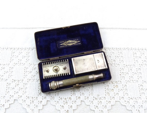 Antique French Gillette Safety Razor and Silver Plated Basket Weave Case with Purple Velvet Lining and Blade Box, Vintage Man Shaving Item