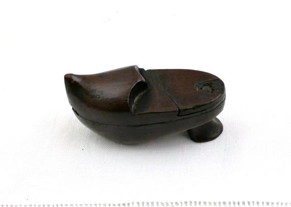 Small Antique French Treen Secret Snuff Box Shaped as a Traditional Wooden Clog, Retro Puzzle Container Shoe Themed, Old Style Joke