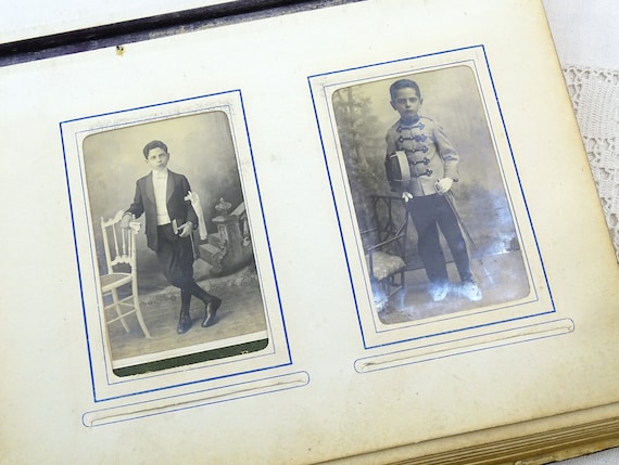 Antique French Large Thick Victorian Photo Album with Embossed Leather Cover and 42 Black and White Family Photographs, Old Book France