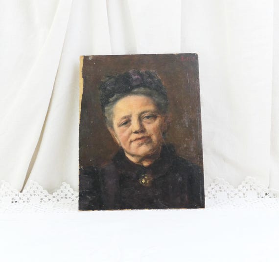 Antique French Portrait of Old Woman Oil Painting on Board, Vintage Original Art Piece from France, Picture Victorian Lady, Gallery Wall