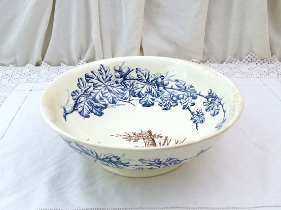 Large Antique French J and C Ironware Bowl with Transferware Forest Scene in Teal Blue and Brown, Stoneware Acorn Pattern, Terre de Fer