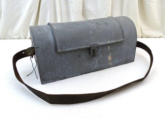 Vintage French Zinc Metal Plumber Box with Leather Strap, Retro Gray Metal Rounded Topped Carrying Tool Case from France, Rustic Decor