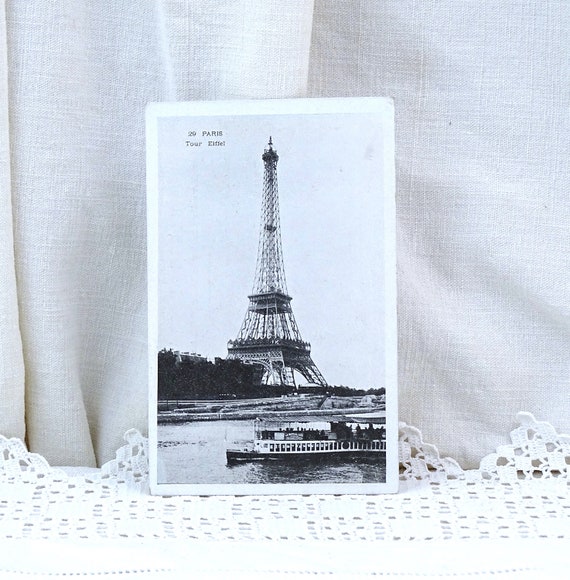 French Unused Antique Black and White Postcard of the Eiffel Tower in Paris with the River Seine, Retro Vintage Vacation Souvenir France