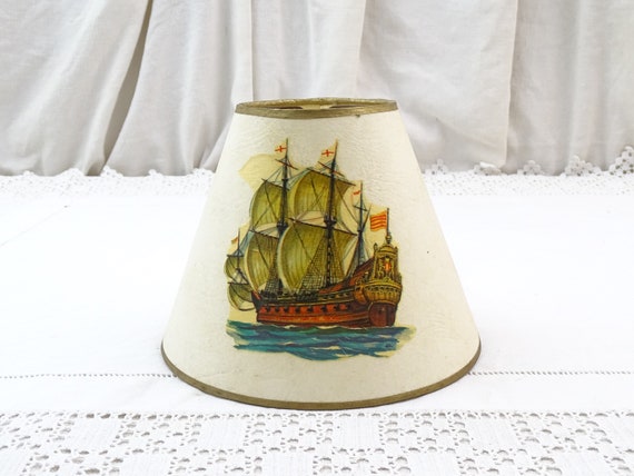 Vintage French Small Mid Century Clip On Conic Lamp Shades with Image of Christopher Columbus Boat la Santa Maria on Parchment Paper