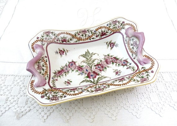 Antique French Hand Painted Ceramic Rectangular Shallow Bowl with Purple Flower Pattern, Vintage Victorian Pottery Fruit Dish with Floral