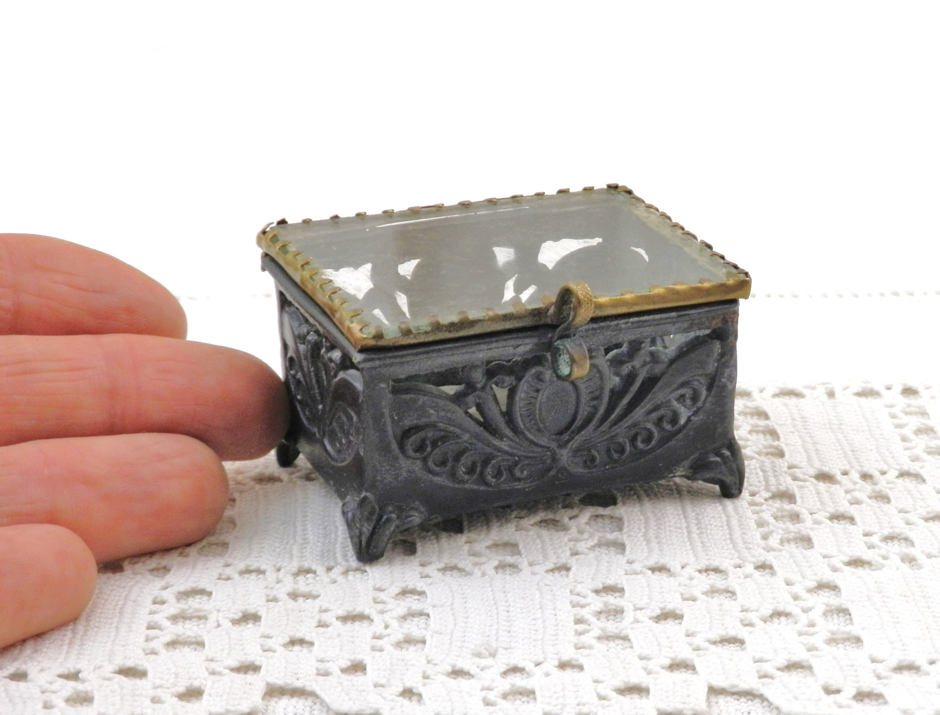 Small Antique French Art Nouveau Pewter Box with a Glass Lid, Retro