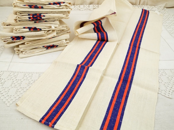 1 Large Vintage French Unused Cotton Tea Towel with 2 Blue and Red Bands, Retro Country Farmhouse Decor Kitchen Cloth from France,