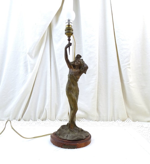 Antique French Art Nouveau Sculptural Bronzed Patina Spelter Metal Lamp by C.Rosa Pavot, Poppy Woman, 19th Century Gas Light of Flower Lady
