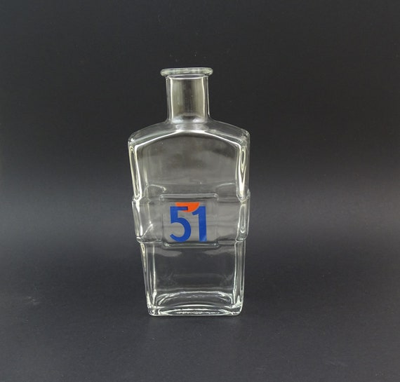 Vintage French 1980s Pastis 51 Square Shaped Clear Glass Water Carafe with Blue and Red Logo, Retro Aperitif Drink Accessory South France