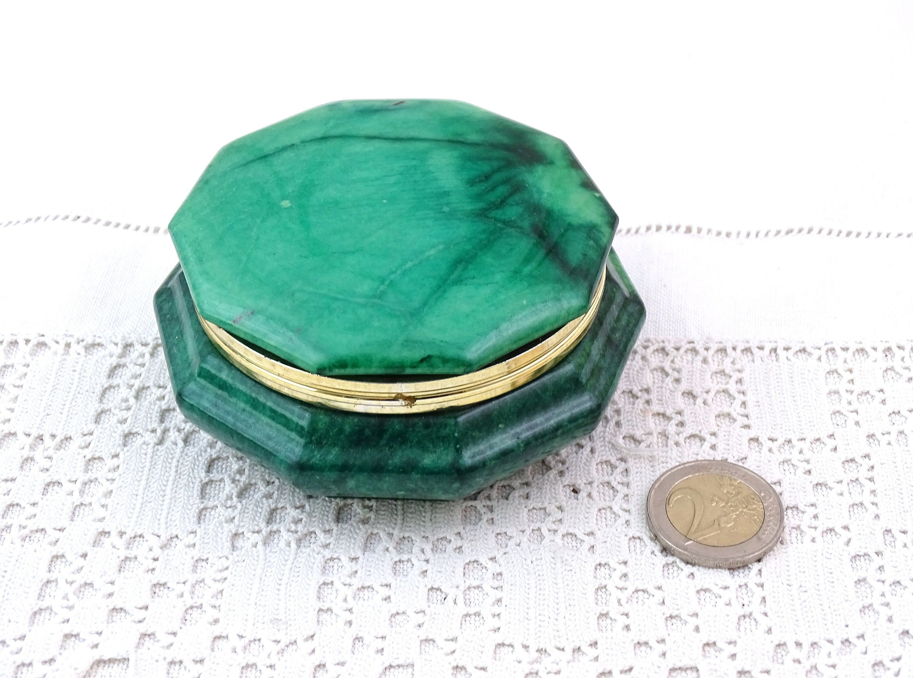 Vintage Italian Alabaster Hinged Decagon Jewelry Box Colored Green