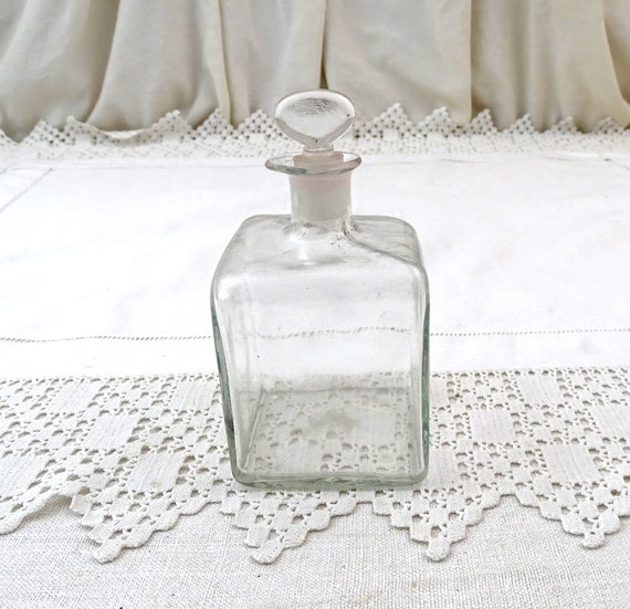 Antique French Mold Blown Clear Glass Square Shaped Bottle With Original Stopper, Rare Curio Victorian Glassware from France, Brocante Style