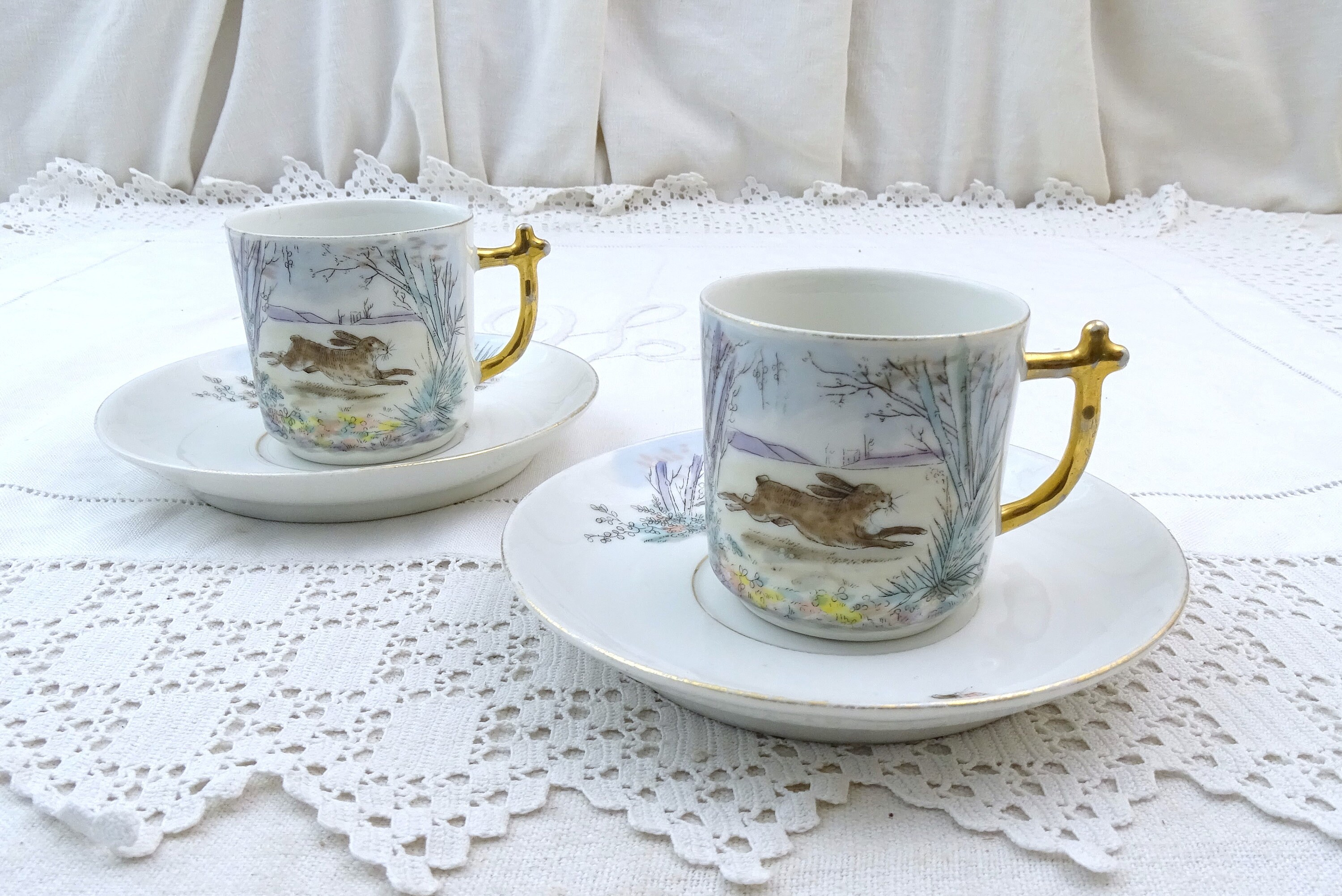 Porcelain Set of Two Espresso Cups and Saucers