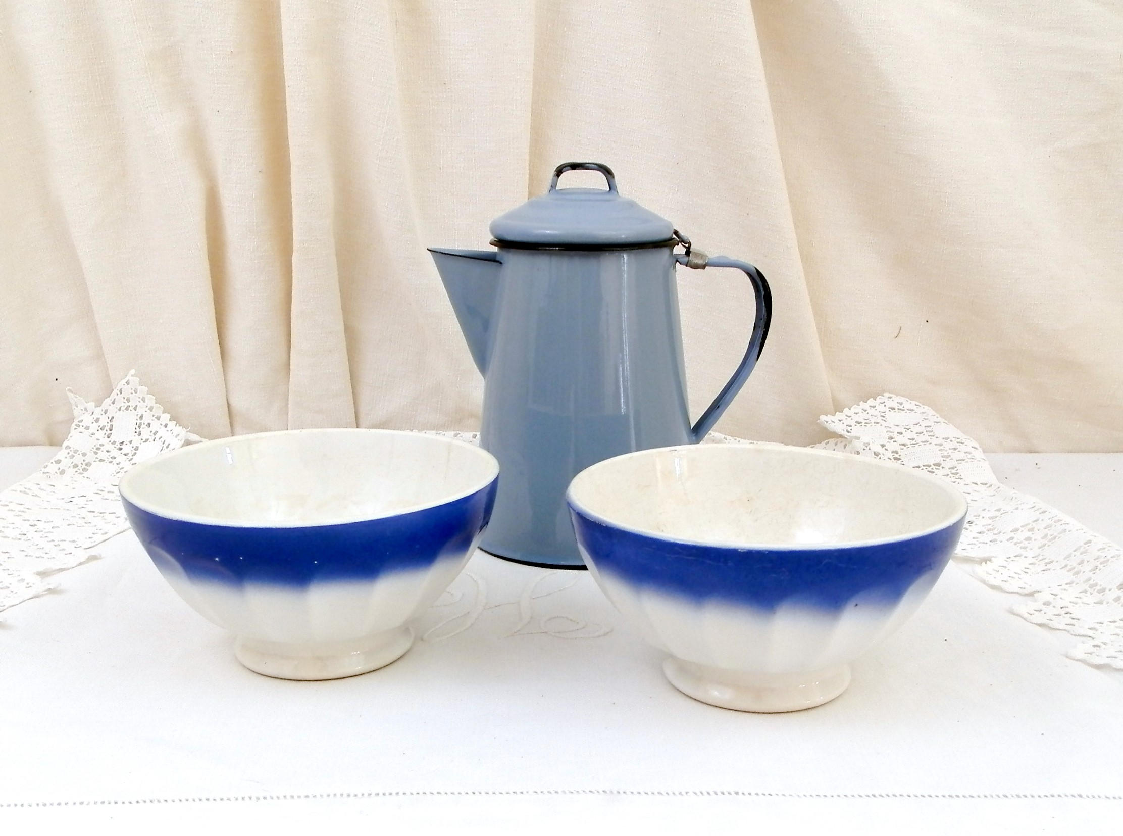 2 Antique Large Blue and White Coffee Bowls with Scalloped Sides from