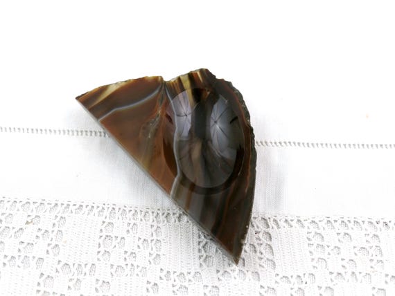Small Vintage Sliced Polished Veined Brown Agate Nodule Ashtray, Retro Stone Geode Ash Tray, Round Mineral Ring Trinket Dish from France
