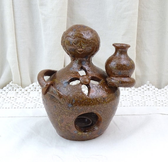 Vintage French 1970s Studio Pottery Tea Light Holder Brown Speckled Glazed Stoneware Shaped as Woman Holding a Water Jar, Retro Candle Item