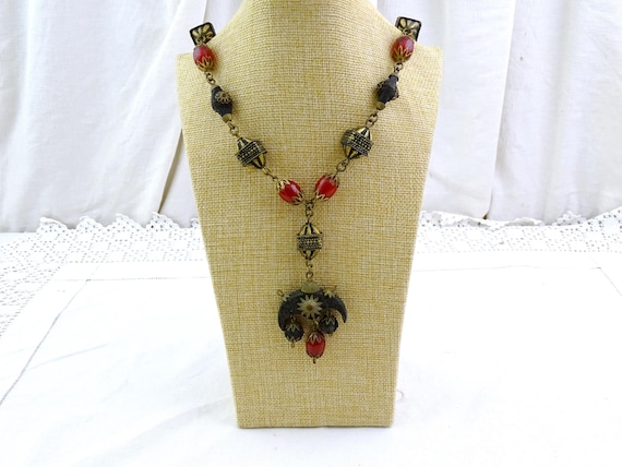 Vintage Ethnic North African Red Cherry Cataline Beaded Necklace with Pressed Brass Beads, Retro Bedouin Woman's Jewelry from Africa