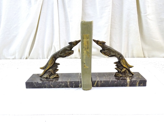 Vintage French Art Deco Bookends with Leaping lurcher Dogs Bronzed Patinated Metal on Veined Black Marble Base, 1930 Library Decor France