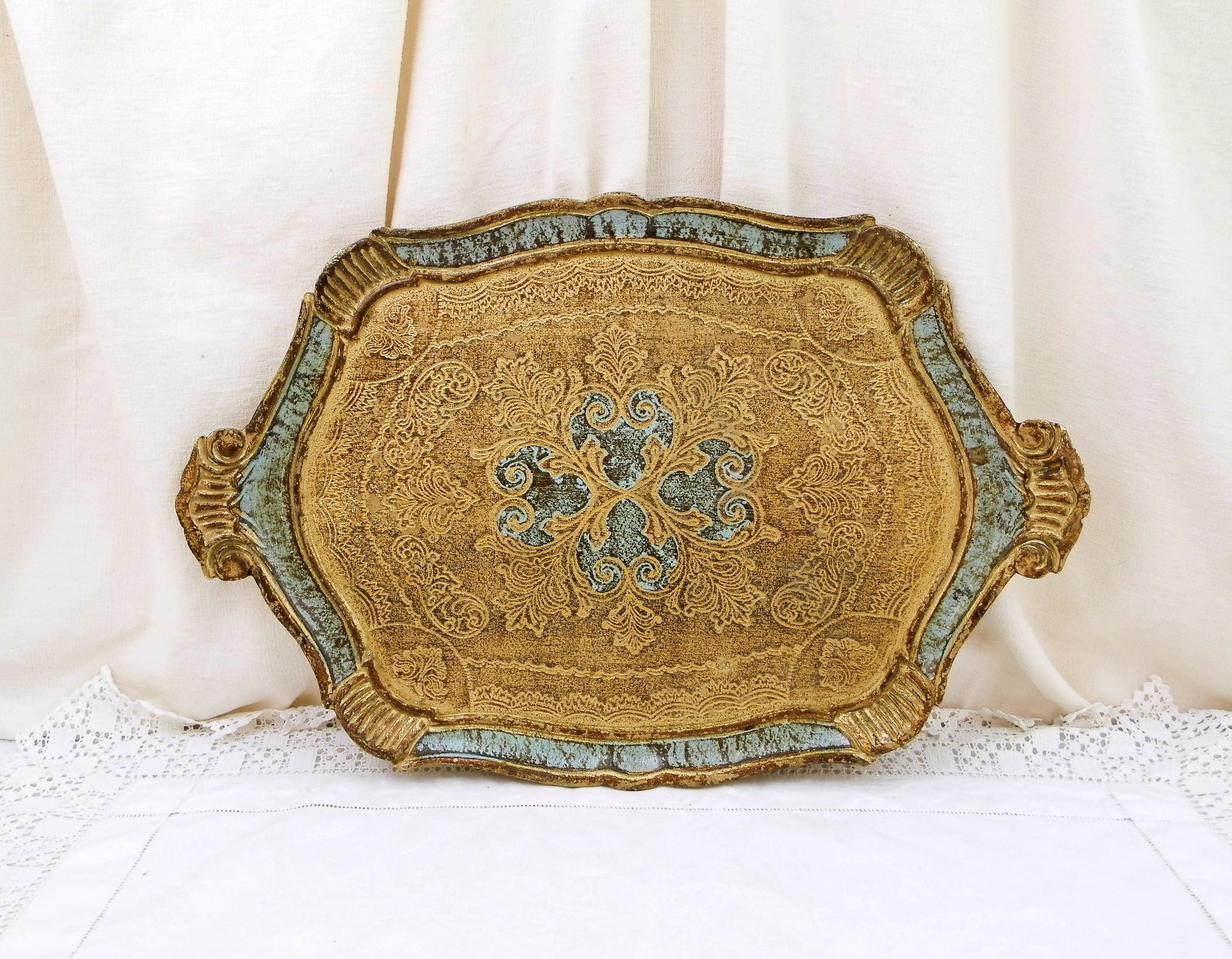 Vintage Florentine Style Serving Tray, Italian Gold and Sky Blue Gilt ...