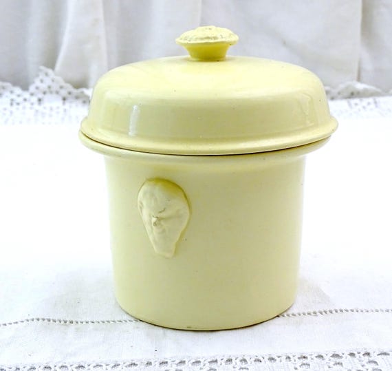 Small Antique French Beige Colored Pottery Confit Pot Foie Gras and Lid with 2 Lion Heads Sarrguemines, Vintage Kitchen Terrine France