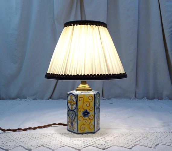 Vintage French Handpainted Ceramic Hexagonal Table Lamp Base and Shade with Fleur de Lis Pattern, Retro Pottery Light Bottom from France