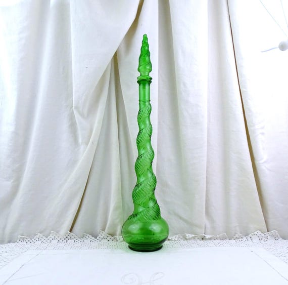 Large Tall Mid Century Vintage Italian Empoli Genie Bottle with Snakeskin Pattern, 1960s Green Glass Floor Decanter Carafe Pointed Stopper