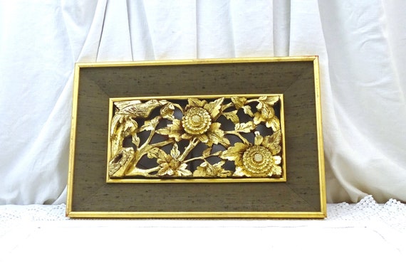 Vintage Chinese Framed Hand Carved Gilded Wooden Panel with Bird and Flower Pattern, Retro Exotic Wall Hanging Gold Picture made of Wood