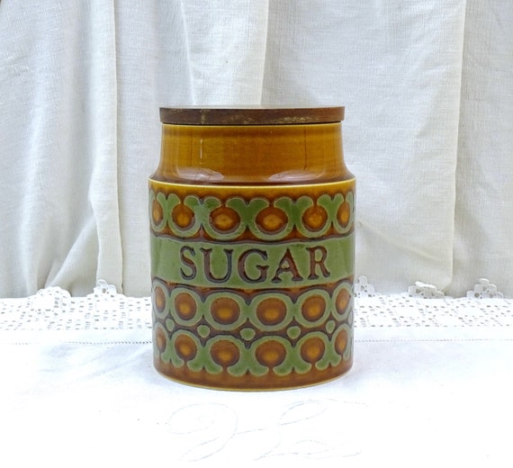 Large Vintage Mid Century Pottery Hornsea Bonte Sugar Canister with Wooden Lid, Retro 1970s Storage Ceramic Container with Brown Pattern