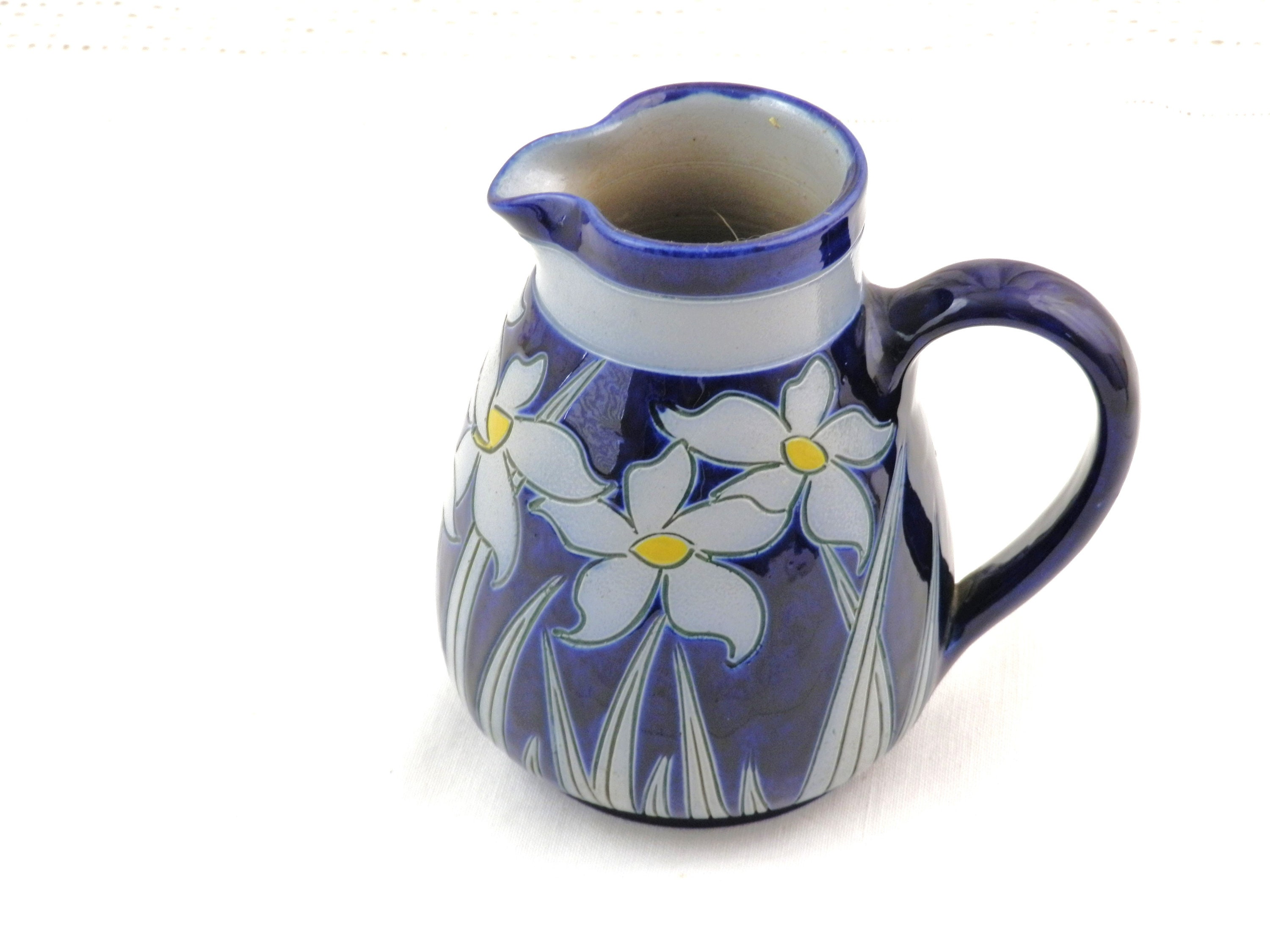 French Vintage Blue Ceramic Pitcher with Incised Decoration of Flowers
