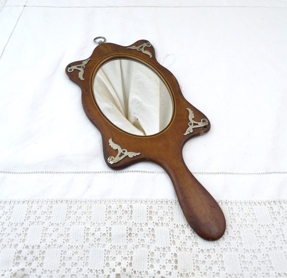 Large Antique French Distressed Wooden Hand Mirror with Hanging Hook, Vintage Wall Mounted Primitive  Country Vanity Looking Glass France